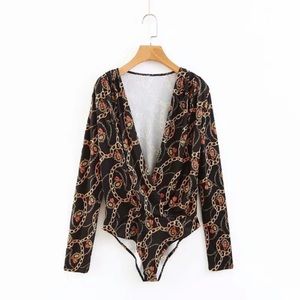 New Sexy Bodysuit women vintage print long sleeve